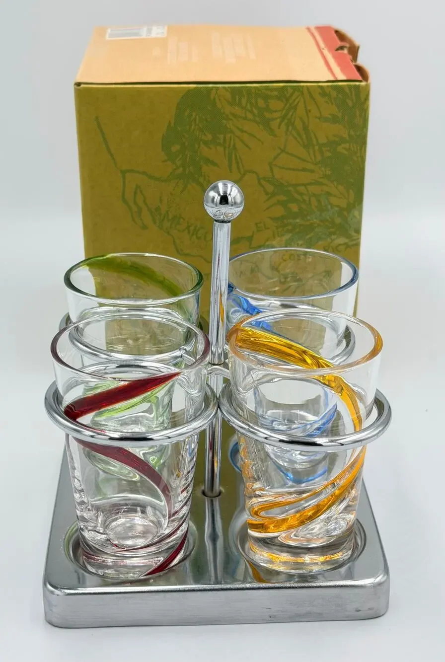 Starbucks Rare Hand Blown Swirl Glass Barista Espresso Shot Glass w/Chrome Caddy